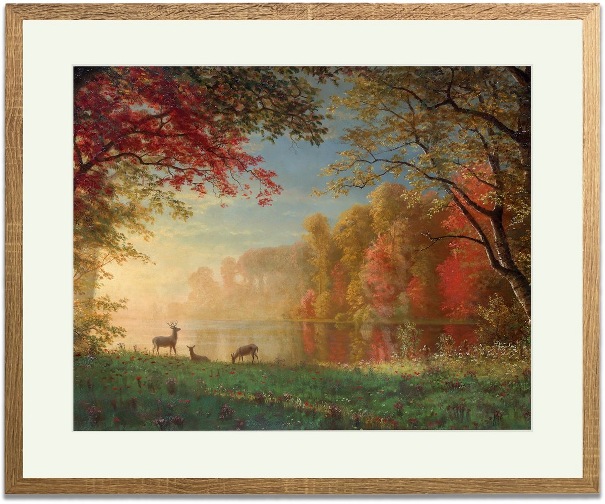 Hert bij het meer - Ingelijste Muurkunst - 63x53cm lichtbruin frame - Glasplaat en Passe-partout - Museum kwaliteit print