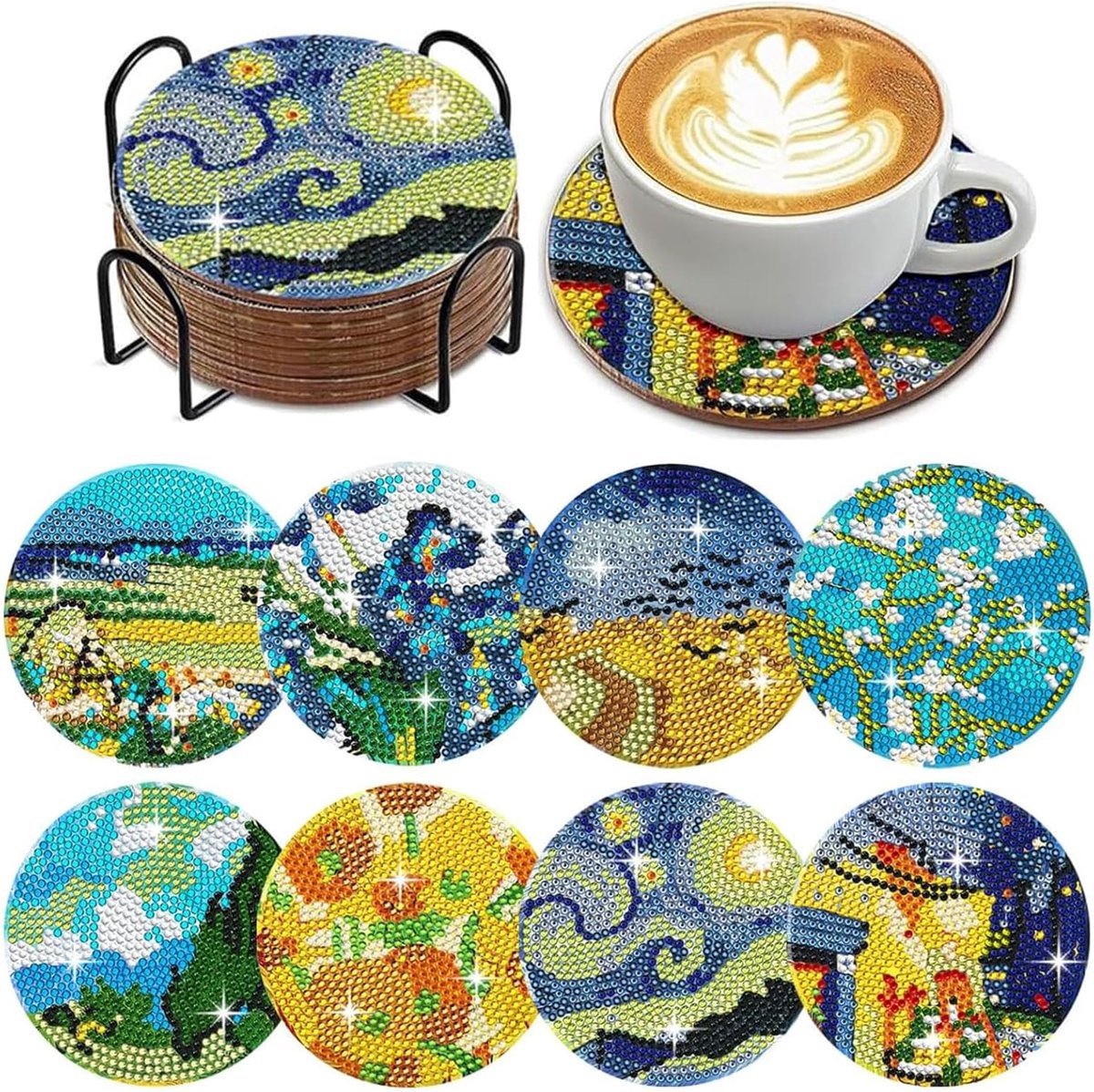 Diamond Painting Onderzetters - Diamantschilderij Kit - DIY Decoratie - Compleet met Houder - 8 Stuks - Meerkleurig