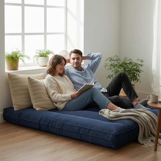 Futon Matras - Slaapmat Logeerbed - Veelzijdig Gebruik - Afneembare Wasbare Hoes - 140x190 cm - Donkerblauw — afbeelding 3