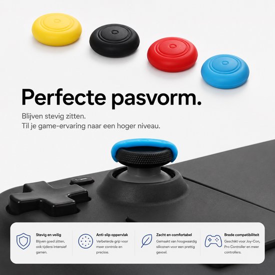 Vier consolebutton-accessoires in geel, zwart, rood en blauw, met een blauwe op de joystick.