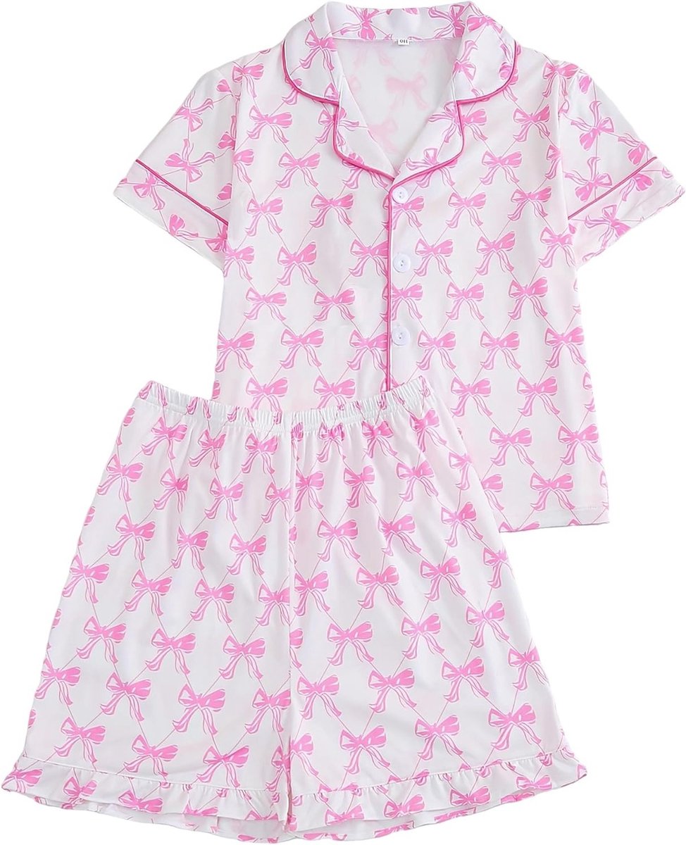 Zomerse Meisjes Set met Korte Mouwen, Knopen en Strikprint - 2-delige Outfit voor 7-12 Jaar