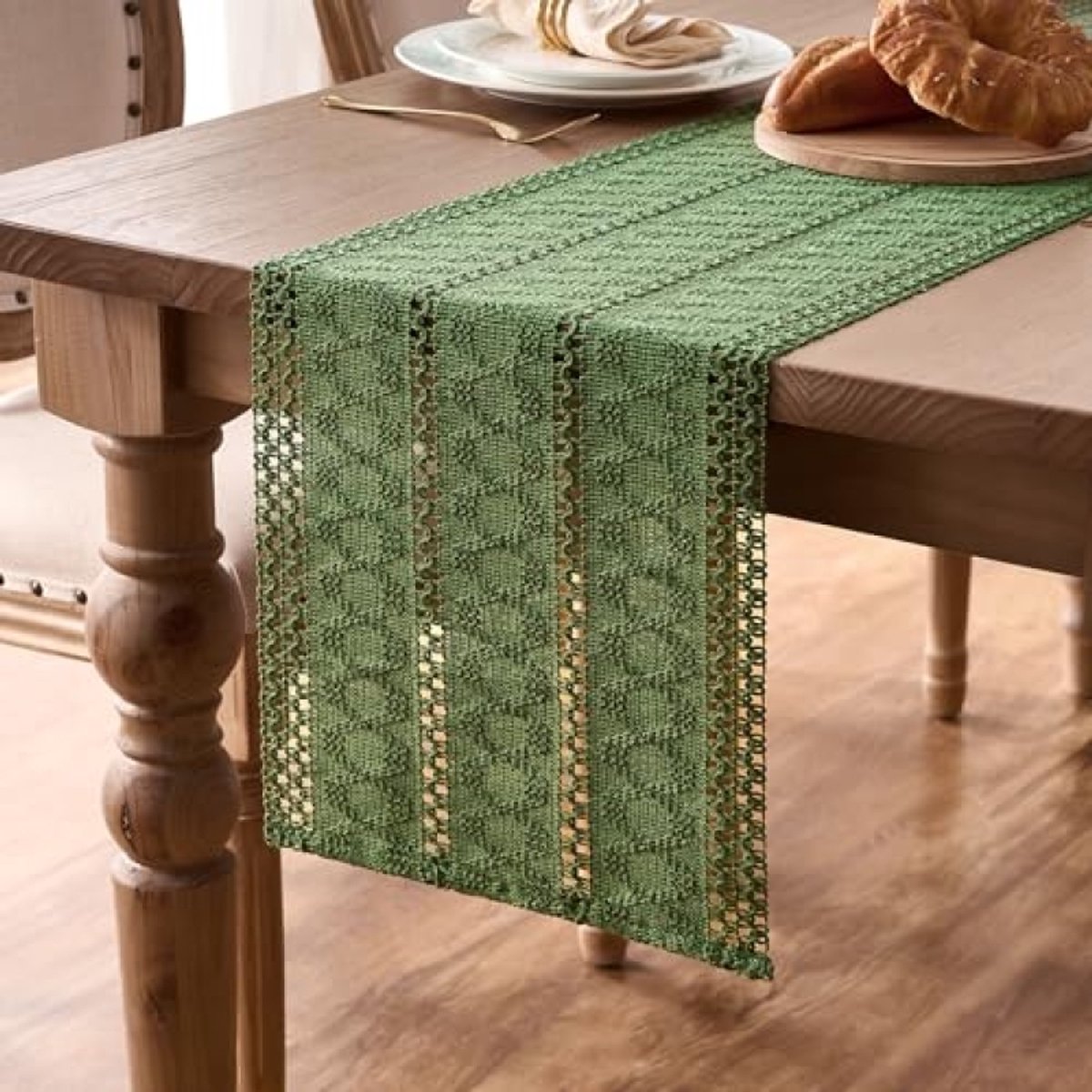 PromoHome Tafelloper Herfstbloemen 30x183 cm - Jute - Bohemian Decoratie voor Eettafel - Groen