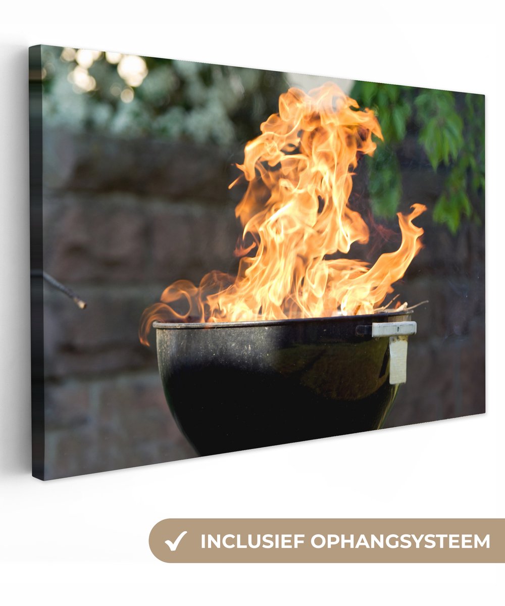 Canvas schilderij 60x40 cm - Wanddecoratie BBQ - Vuur - Buiten - Muurdecoratie woonkamer -