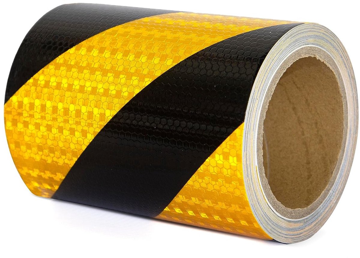Geel en Zwart Reflecterende Plakband, 20 cm x 20 m, Waterdicht, Veiligheidsband voor Voertuigen, Auto's en Trailers, Ideaal voor Buitengebruik