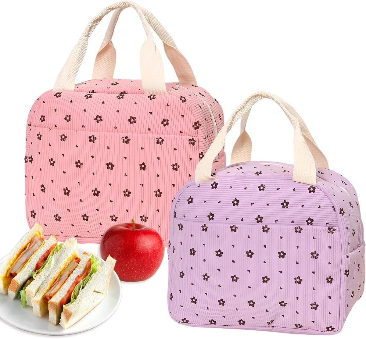 Lunchbox Set - Roze en Paarse Koeltas - Geïsoleerde Corduroy Lunchtas - Buitenzakken - Werk, Familie, Picknick - 2 Stuks