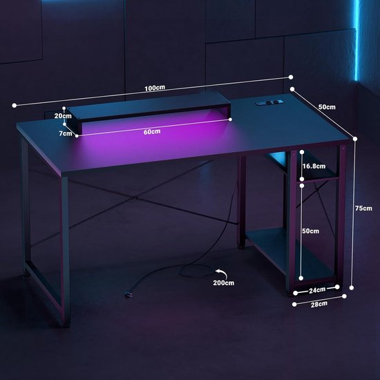 Gamingbureau met Stopcontacten en LED Verlichting - 40 Inch - Ideaal voor Thuiswerk en Gaming — afbeelding 3