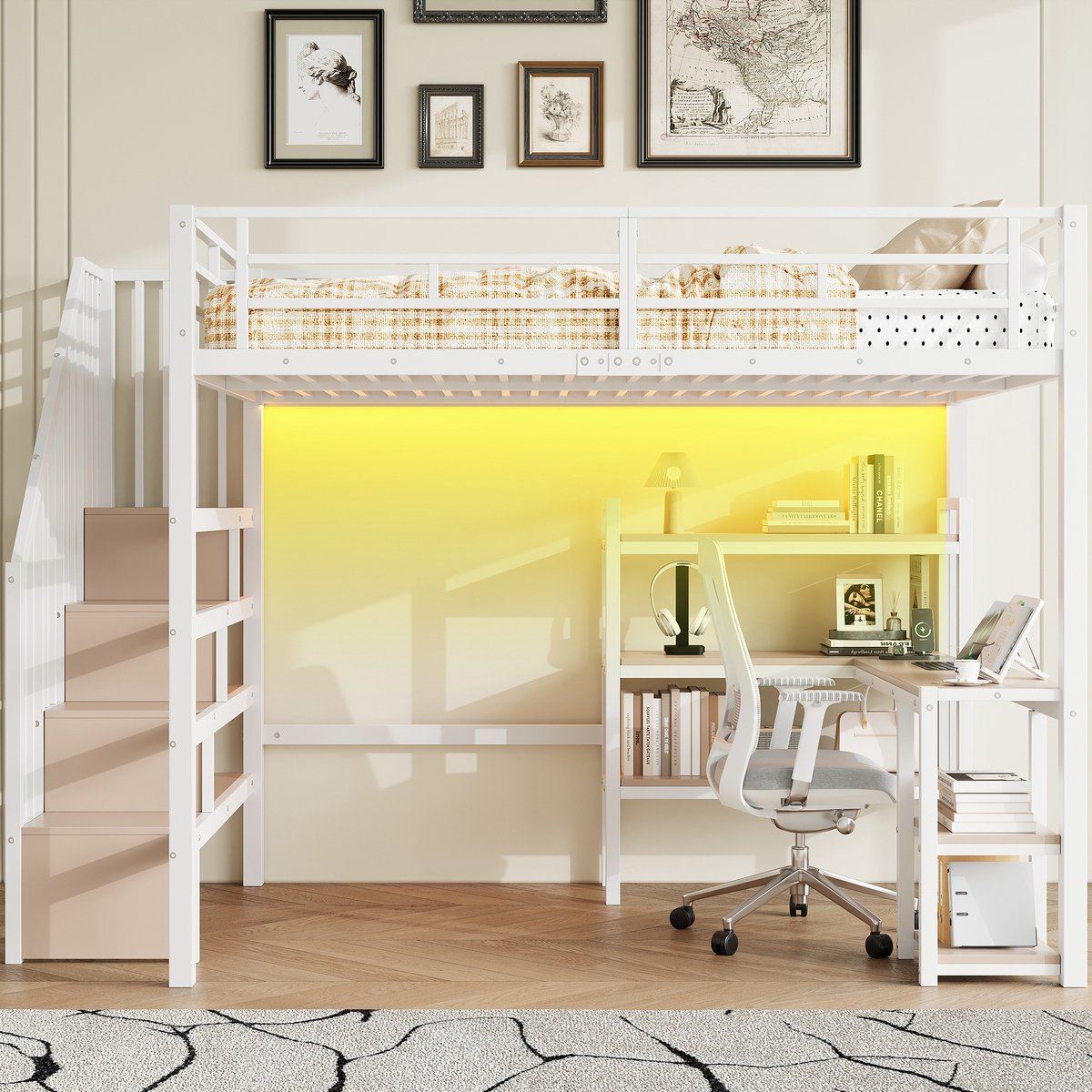 HAUSS SPOLE Hoogslaper 140x200 cm - Met Bureau, Opbergtrap, USB En Led - Zonder Matras - Metaal En MDF - Wit
