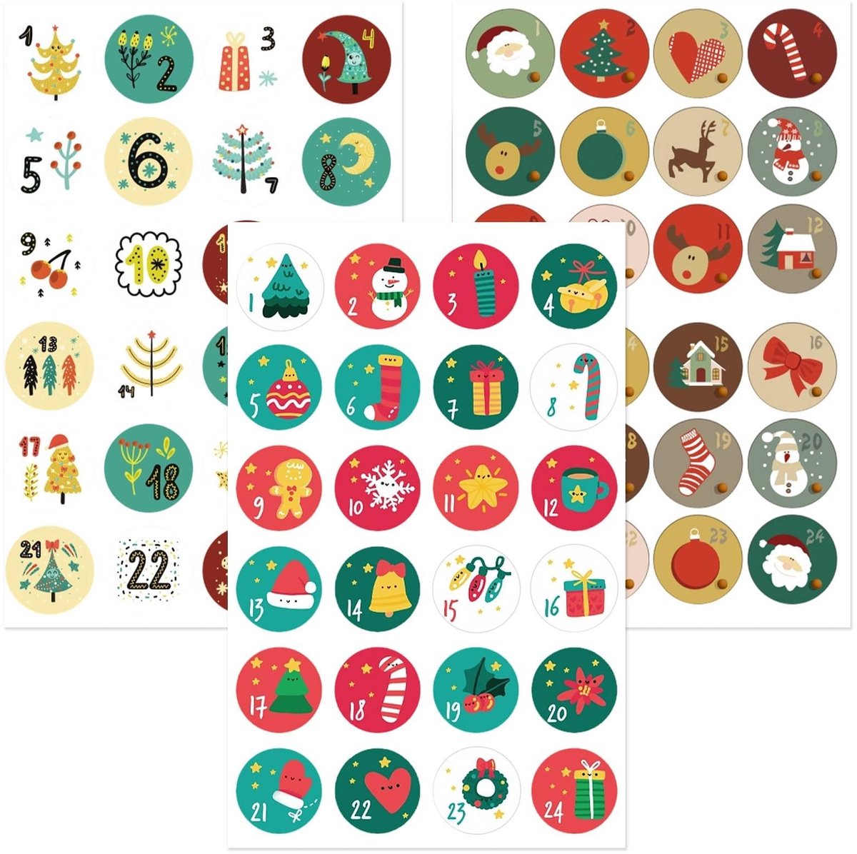 Dailygoods- Adventskalenderstickers 72 Stuks - Zelfklevende Cijferstickers 1-24 - Multicolor - 3 Vellen - 4,5 cm - Duurzaam Kraft Papier - Kerststickers