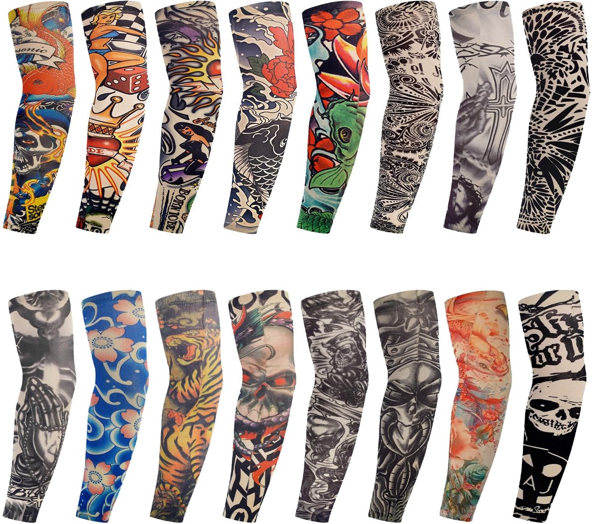 Dailygoods- Tattoo-mouwen 16 stuks - Tattoo-afdekking - Armmanchetten voor mannen/vrouwen - Zonwering - Carnaval - Hittebestendig (40 x 8,5 cm)