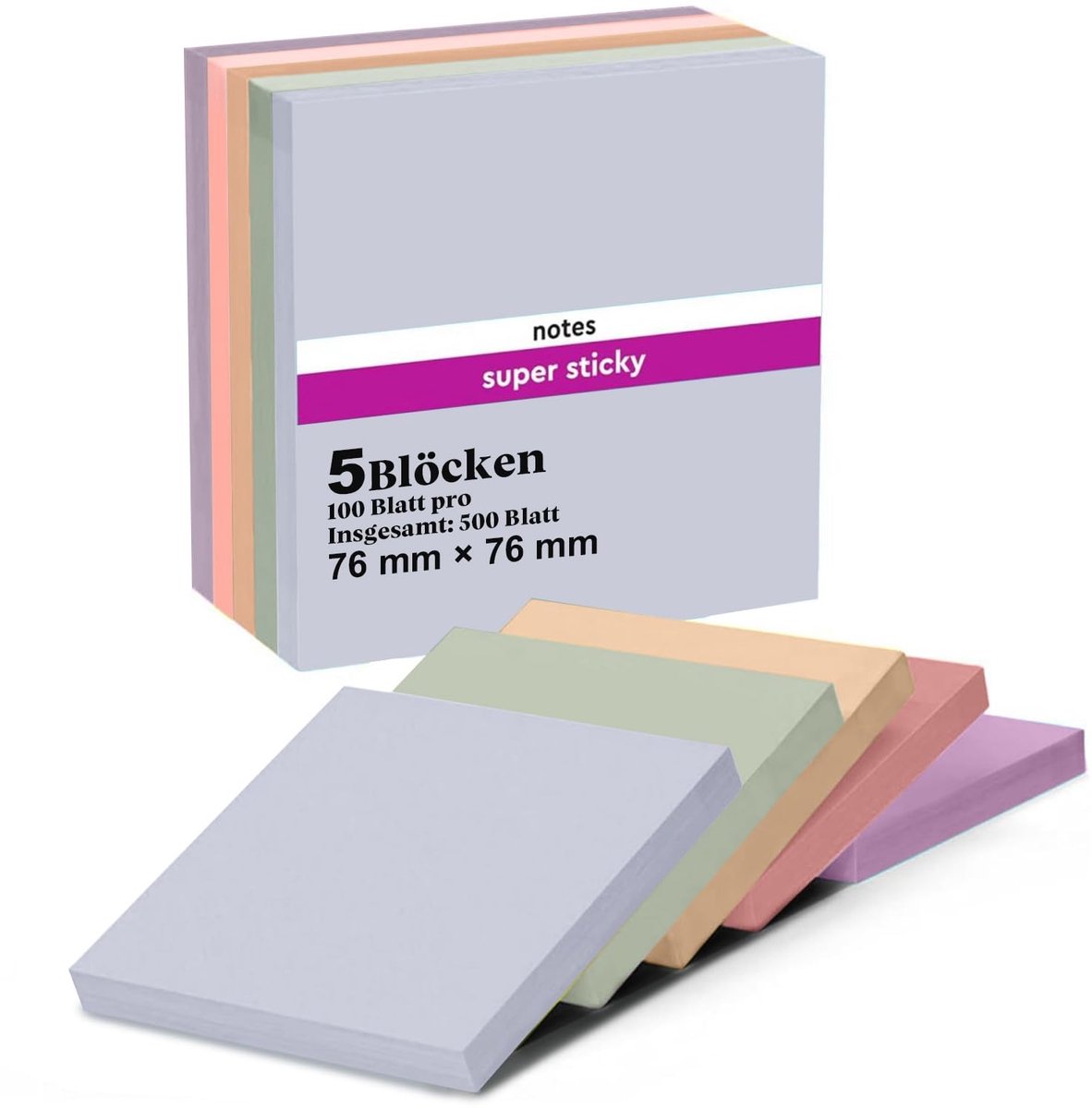 Dailygoods- Sticky Notes 100 Vellen - Zelfklevende Notitieblaadjes - Herplakbaar - 76 x 76 mm - 5 Verpakkingen - Pastelkleurige Esthetiek