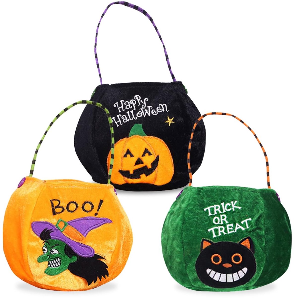 Dailygoods- Snoepzakjes Halloween - 3 Stuks - Cadeauzakjes - Pompoen/Heks/Katje - Draaggrepen - Hoogwaardig Fluweel
