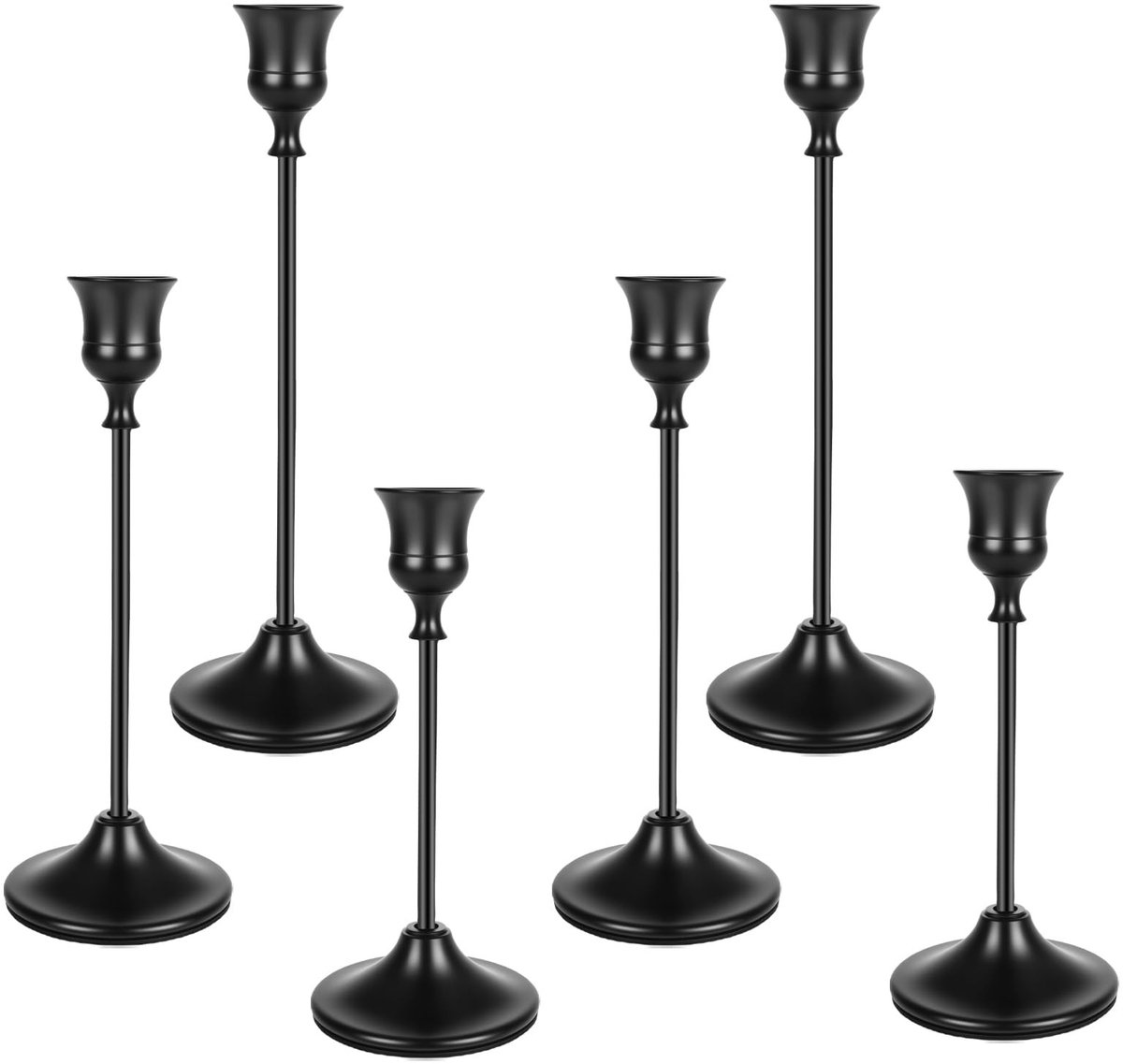 Dailygoods- Kandelaar 6-delig - Zwarte Kaarsenhouder - Vintage Decoratie - Standaard voor Staafkaarsen - Duurzaam Aluminium - Afmetingen 7 x 16/19/22 cm - Kaarsenstandaard