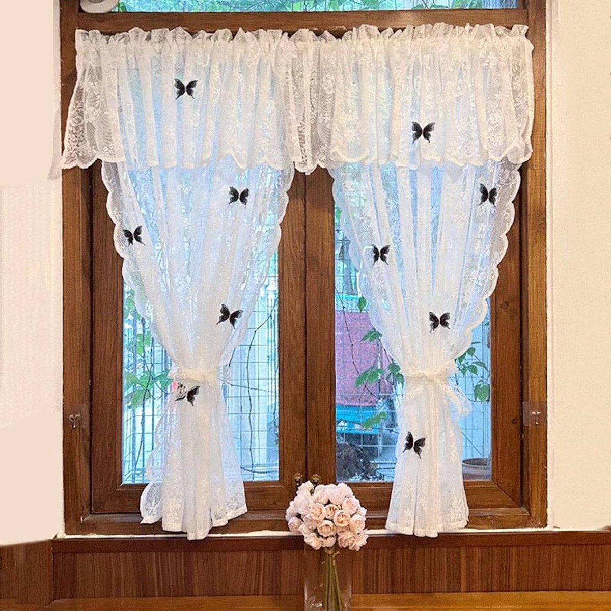 Kanten Gordijnen - Vitrage Panelen - Woonkamer Decoratie - Frans Bloemmotief - 280x180cm - Wit