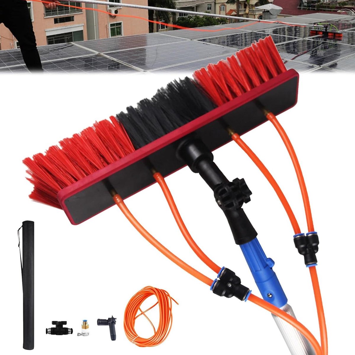 Reinigingsset Zonnepanelen - Telescopische Steel - Hoge Ramen Wassen - Roterende Borstelkop - 8 Meter - Zilver