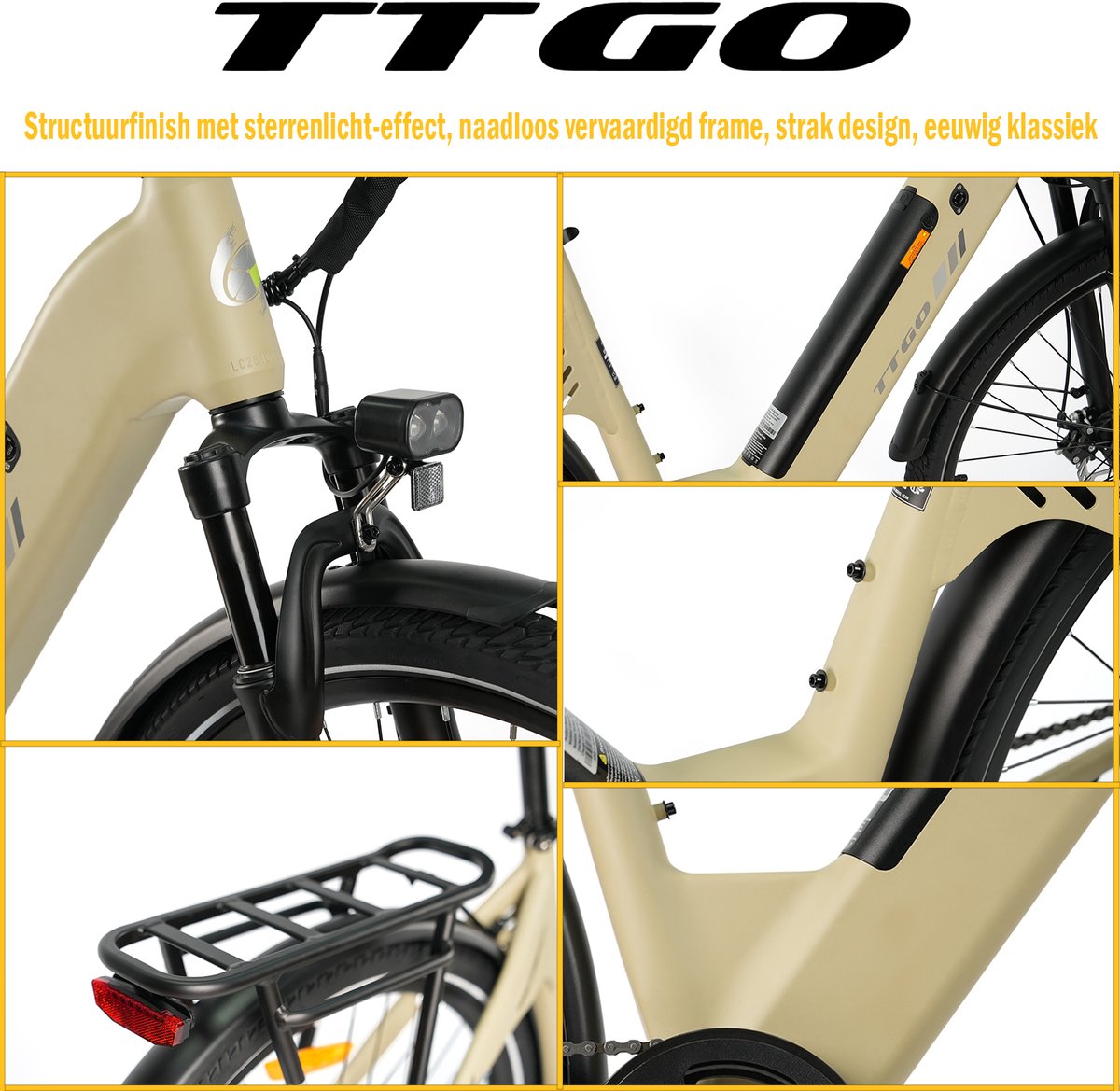 Elektrische Fiets TTGO C3 - 36V 18AH Accu - Actieradius Tot 120 Km - Aluminium Lage Instapframe - 28×2.0 Inch Wielen - Shimano 7 Versnellingen - Mechanische Schijfremmen - LCD Display - Elektrische Stadsfiets - Geel thumbnail 3