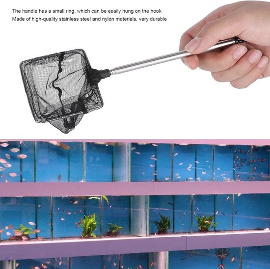 Schepnet Vierkant - Visnet Garnalennet - Aquarium Onderhoud - Verstelbare Telescopische Steel - 16 Cm Tot 44 Cm - Zwart — afbeelding 2