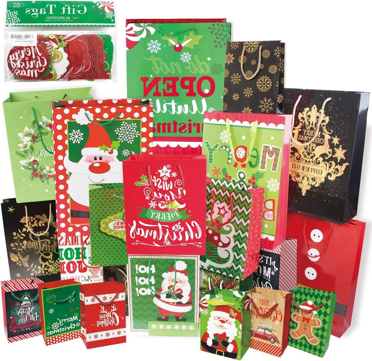 Kerstcadeauzakjes - Kersttasjes Geschenkverpakking - Cadeaus Inpakken - Met Handgrepen en Labels - 24 Stuks 4 Maten - Kerst Designs