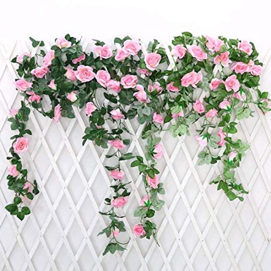 PromoHome Guirlande met kunstrozen, 2 stuks, 220 cm, hangende zijden bloemen voor binnen en buiten, roze