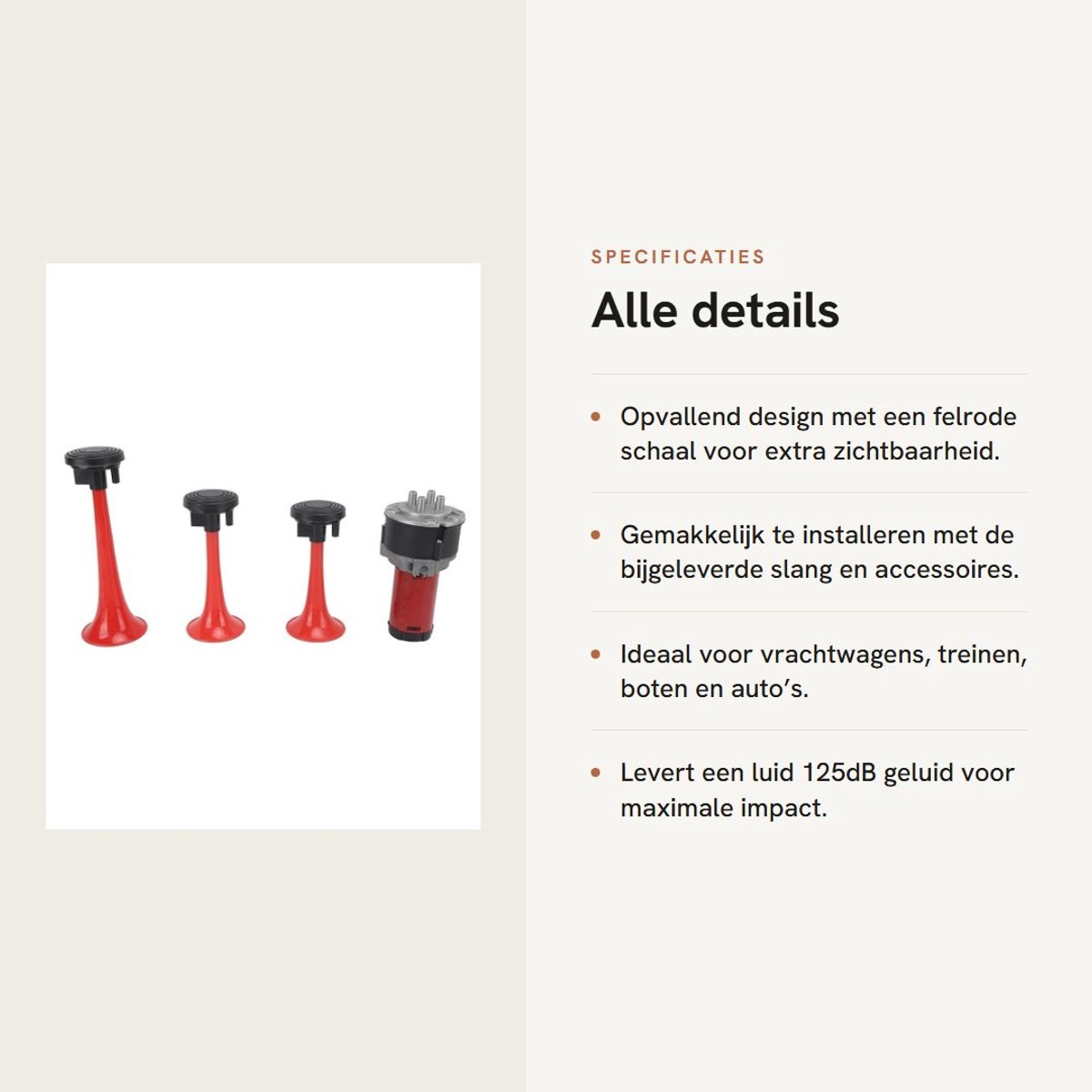 Dailygoods- Luchthoorn 12 Volt 125dB - Muzikaal Geluid - Luchthoorn met Compressor - Drie Trompetten - Felrode Schaal - Veiligheid en Zichtbaarheid - Muziekluchthoorn