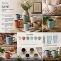 Collage met Faye mokken in verschillende kleuren: blauw, koraal, groen, beige, wit en lichtblauw.