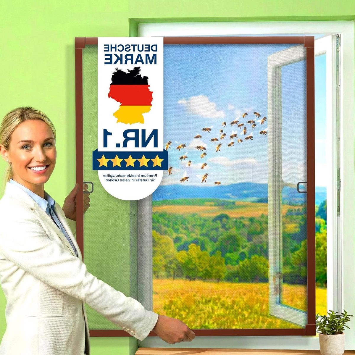 Vliegenraam - Insectenhor - Buitenruimte - Zonder boren - 130 x 150 cm - Bruin