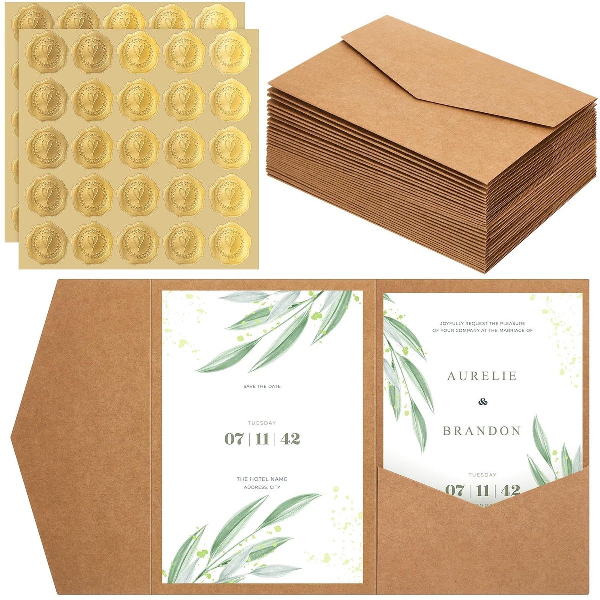Dailygoods- Enveloppen Kraftpapier - Pocketfold Enveloppen - Zelfklevende Lakzegels - 30 Stuks - Gouden Hartjespatroon - Stevig en Duurzaam - Uitnodigingsenveloppen
