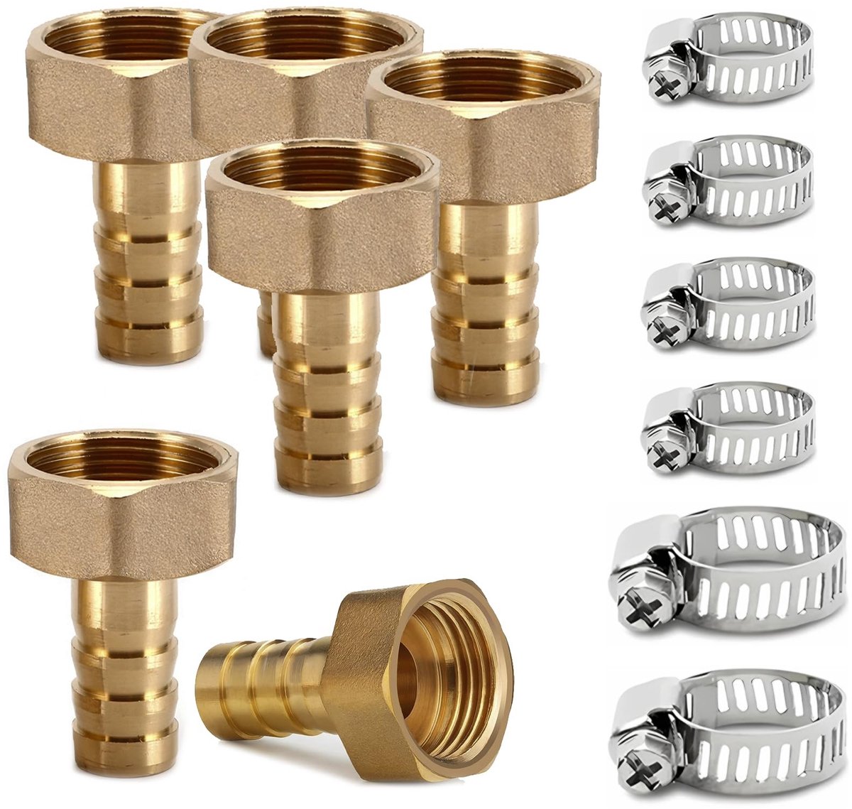 Dailygoods- Slangconnector Set van 6 - Messing Slangverbinder 8/10/12/14/16/20 mm - Tuinslang Aansluiting 1/2 Inch - Kranen Connectoren - Inclusief 6 Slangklemmen - Werkdruk tot 10 bar - Tuinslangconnector