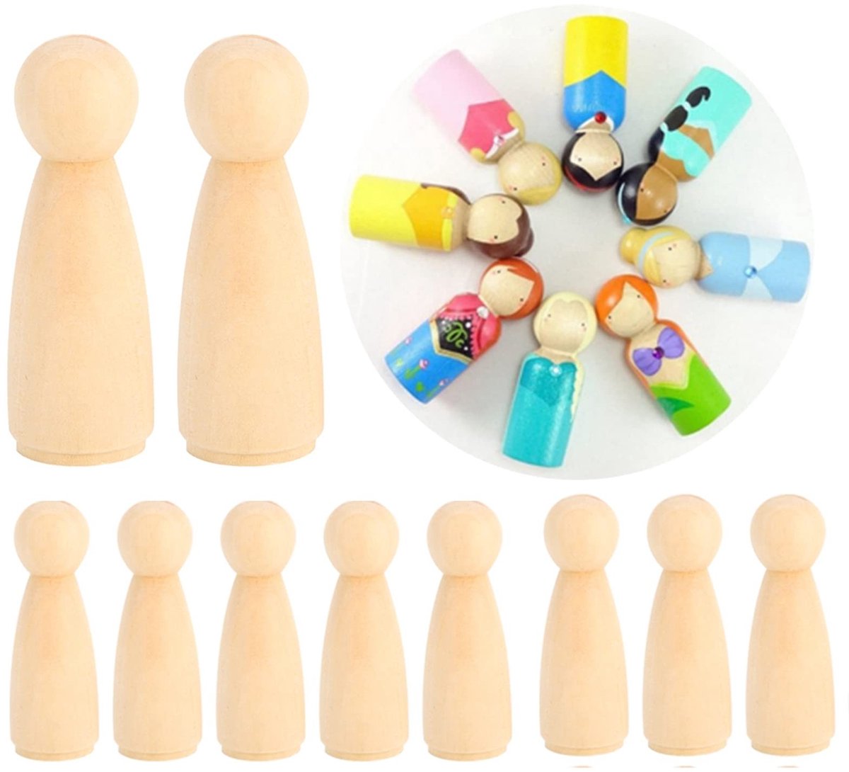 Dailygoods- Figuurkegels 10 stuks 75 mm - Houten Poppen - Schilderen - Kinderspeelgoed - Kunsthandwerk - Hoogwaardige Kwaliteit - Schilderpop