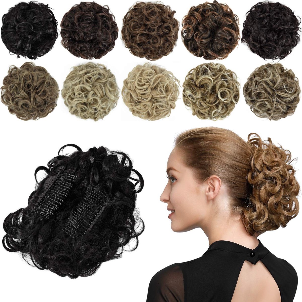 Dailygoods- Haarstukje Chignon - Krullend Haarstukje - Haarstukjes Dames - Haarstukjes voor Dunner Haar - Rommelige Knot - Synthetisch Haarstukje
