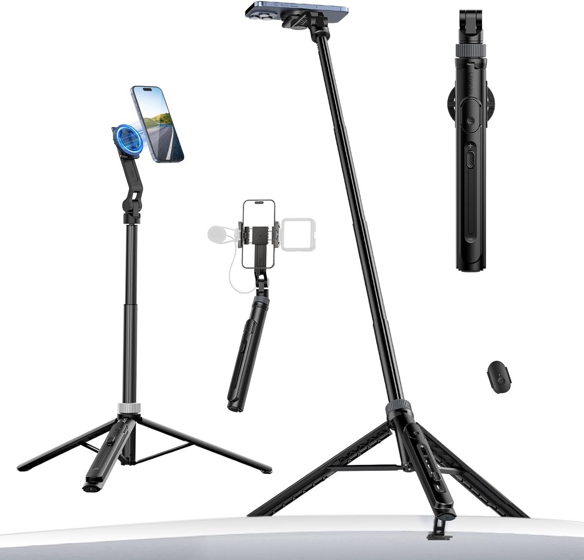 Mobiele Telefoon Statief - Selfie Stick - Vloggen en Fotografie - Magnetische Bevestiging - 145 cm - Zwart
