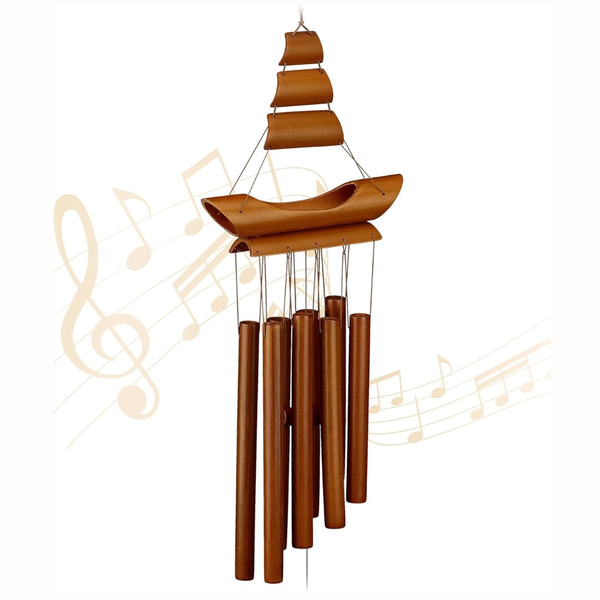 QUOVO® Windgong Bamboe - Windvanger - Windorgel - Zeilbootontwerp - Bruin - 20cm x 6cm x 72cm