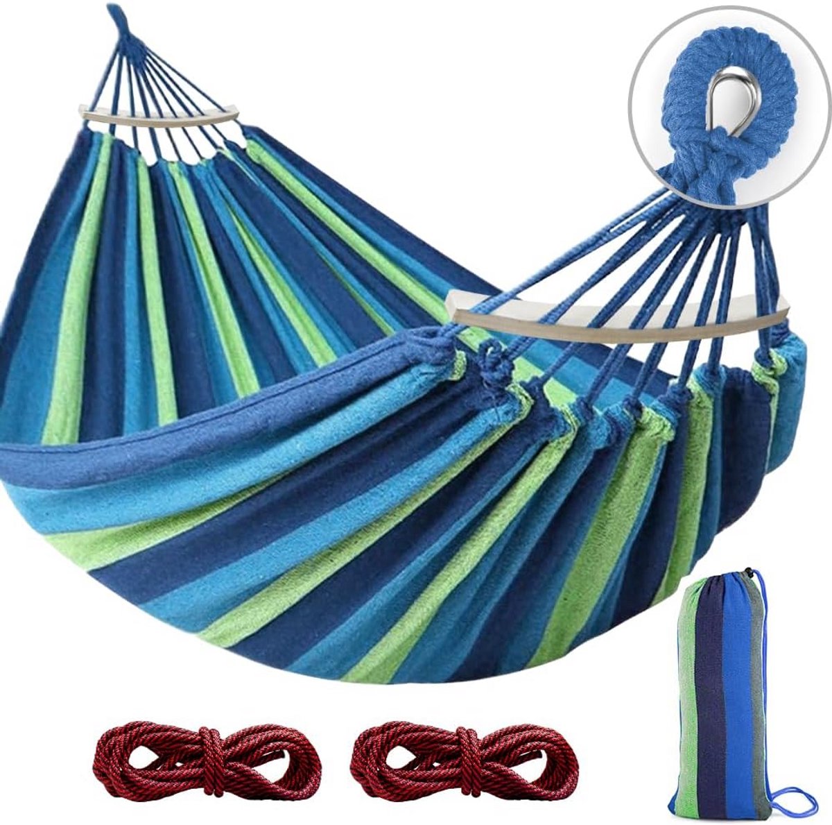 Hangmat met spreidstangen - Campinghangmat buiten - Ontspannen in de tuin - Versterkte metalen knoop - 275 x 155 cm