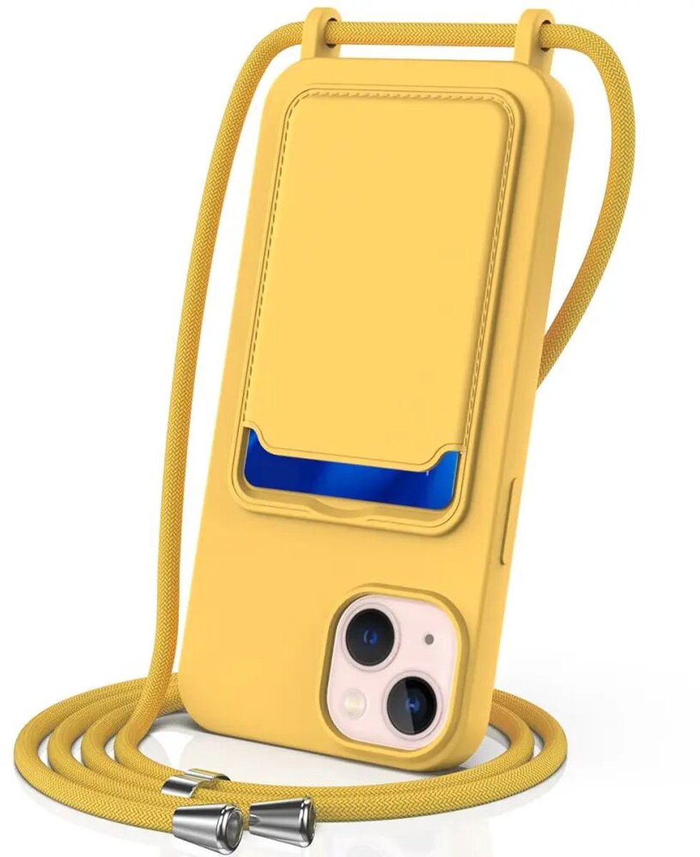 Hoesje met Koord en Pasjeshouder Geschikt voor Apple iPhone 14 | Back Cover met Crossbody Koord en Kaarthouder | Ideaal voor Festival/Vakantie | Siliconen | Groen