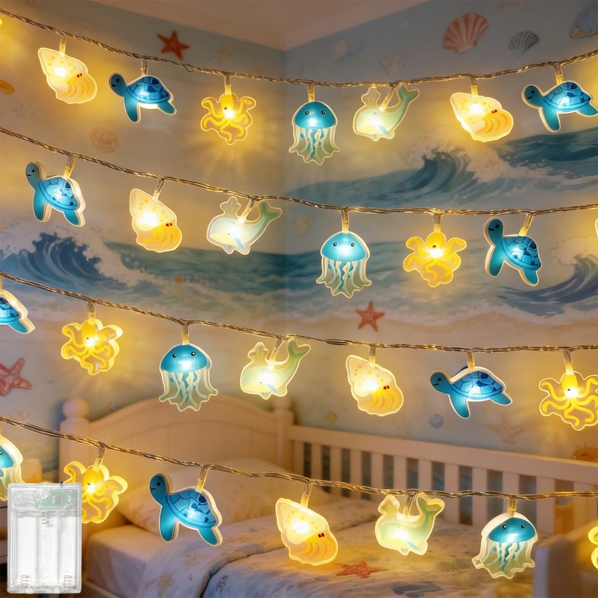 Verlichte Zeedieren Sfeerlampen voor Kinderkamer, 1.5 m, 10 LED's, Warm Wit, Accu-Voeding, Decoratieve Verlichting voor Slaapkamer en Speelruimte met Timer