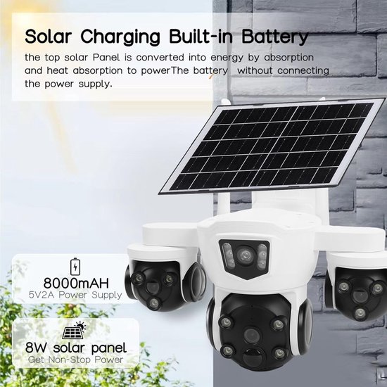 Beveiligingscamera op Zonne-energie - Drievoudige Lens Camera - Buitenhuis Bewaking - Menselijk Detectie Alarm - 8000mAh Batterij - Zwart — afbeelding 2