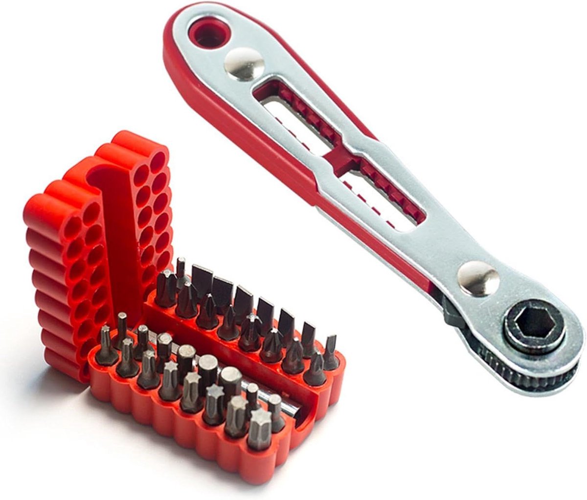 Haakse Schroevendraaier - Mini Ratel Schroevendraaier - Kleine Reparaties - Compact Multifunctioneel - 11.3 cm - Rood