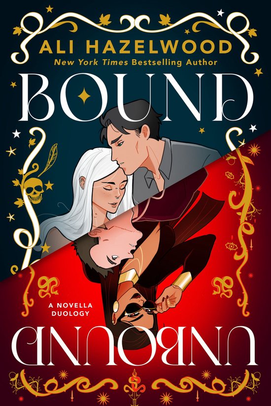 Boekomslag van "Bound and Unbound" van Ali Hazelwood. Een man en vrouw, omhelzend, met illustraties van sterren en planten.