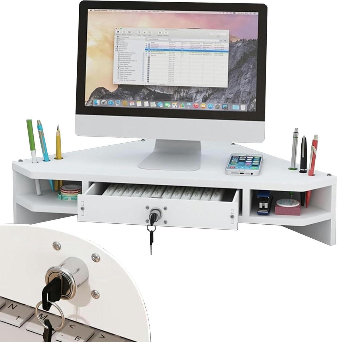 Monitorstandaard - Bureau organizer - Ergonomisch werken - Met afsluitbare lade - 56 cm breed - Wit