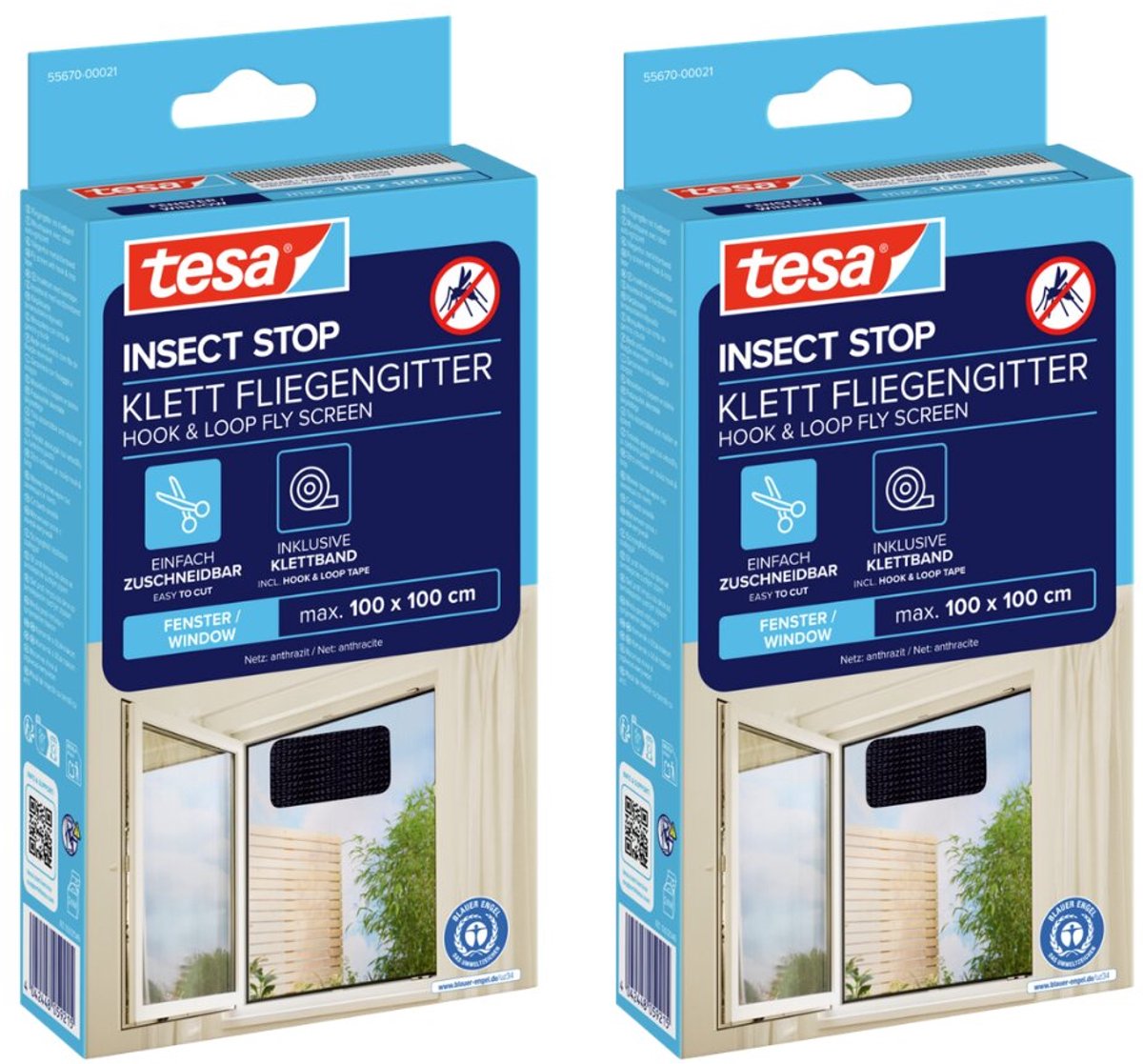 tesa INSECT STOP H&L Fly Screen for Window - hor met klittenband, op maat snijden, zonder boren - 2 net - 100 x 100 cm - antraciet (transparant)