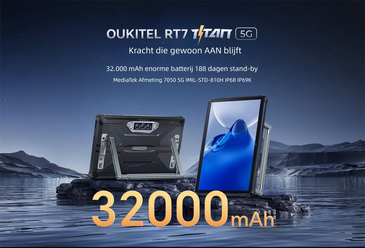 OUKITEL RT7 Titan 5G Robuuste Tablet - 32000mAh Batterij - 12GB +512GB - IP68/IP69K Waterdicht Schokbestendig - Dimensity 7050 Octa‑Core - Nachtvisiecamera voor Buitenwerk Industrie Avontuur