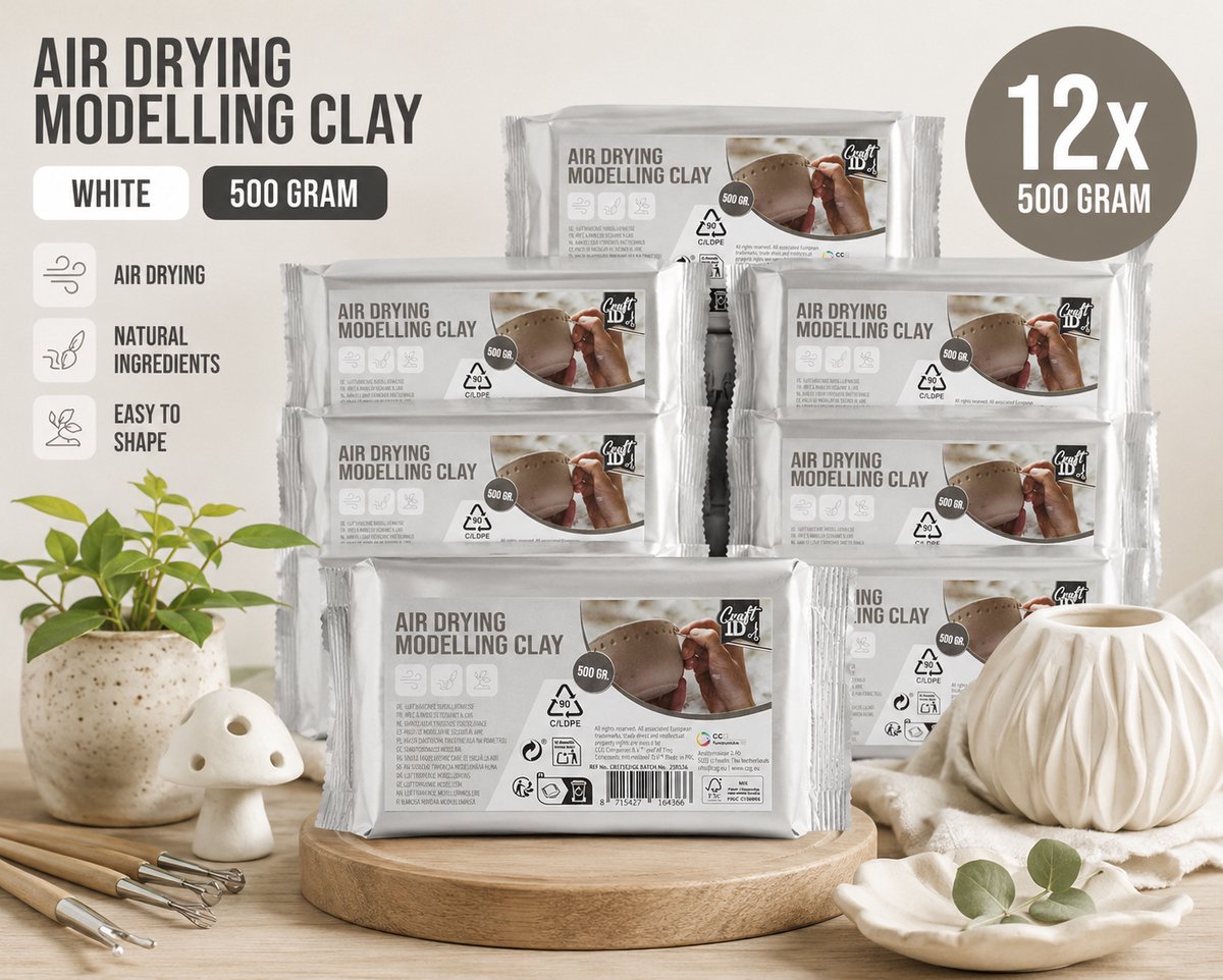 Joya Creative Boetseerklei Wit - Luchthardende Klei Zelfdrogende Klei - Air Dry Clay - 12x 500 Gram - Klei Volwassenen en Kinderen — afbeelding 2