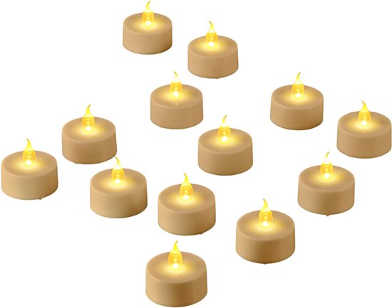 Twaalf beige nepkaarsen in een ruitvormig patroon.