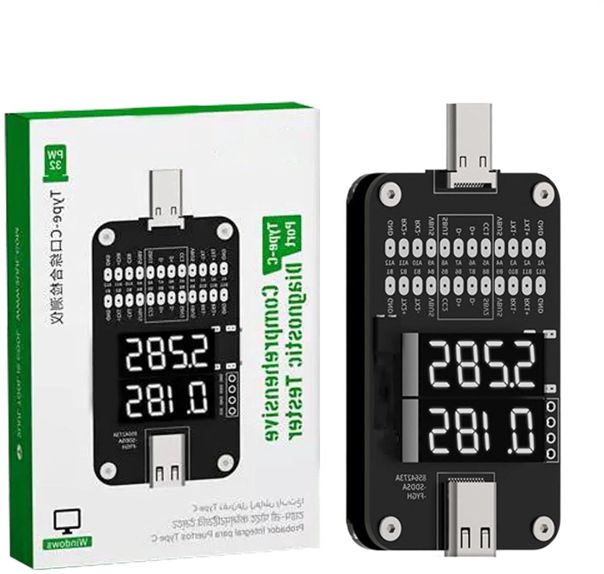 Stroom Spanningsmeter - Type C Tester - Foutopsporing Elektronica - Real-time Monitoring - Compact Ontwerp - Zwart