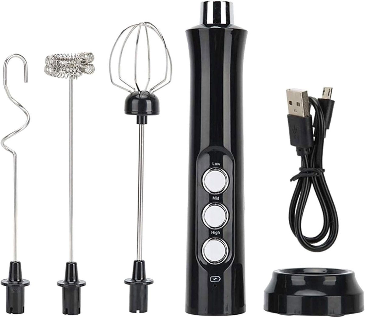 Kivora B.V. Elektrische melkschuimer met 3 verstelbare snelheden USB-oplaadbare eiklopper met 3 mengkoppen compact roestvrijstalen mixer voor koffie matcha latte cappuccino cacao slagroom cocktails en sappen