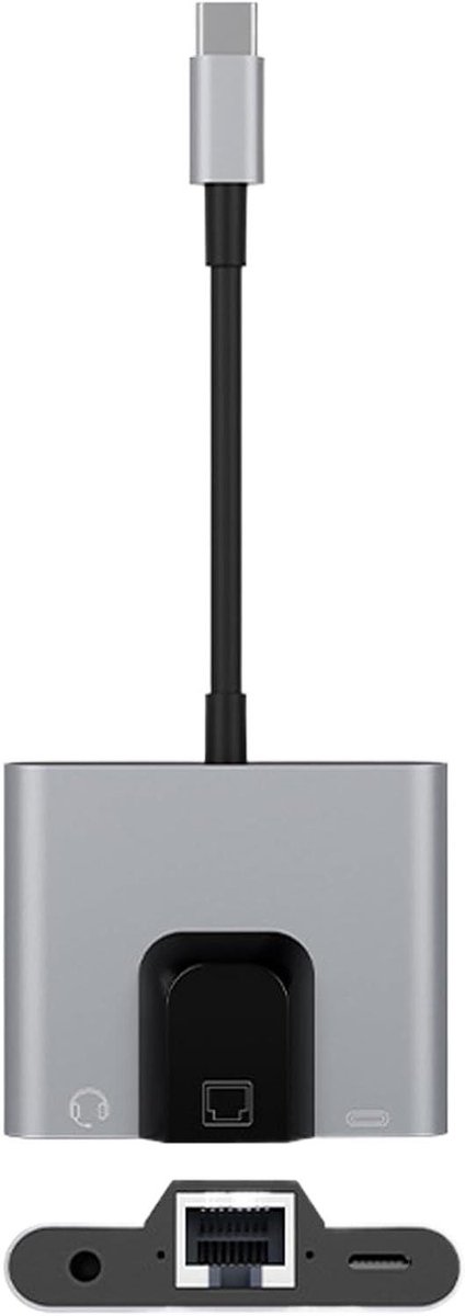 USB C Adapter - Netwerk Hub - Stabiel Internet - Met Audio Poort - 146 cm - Grijs