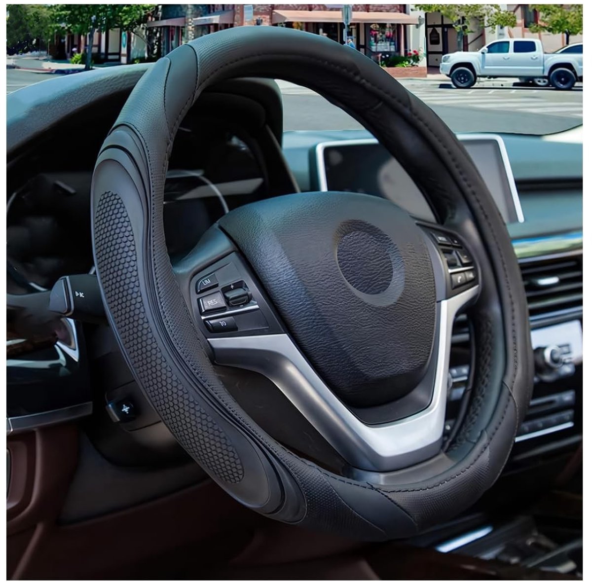 Dailygoody - Microvezel Lederen Stuurhoes - Sport Antislip - Universeel 38cm - Echt Leer Ademend - Zwart - Comfortabel Grip - Geschikt voor Auto