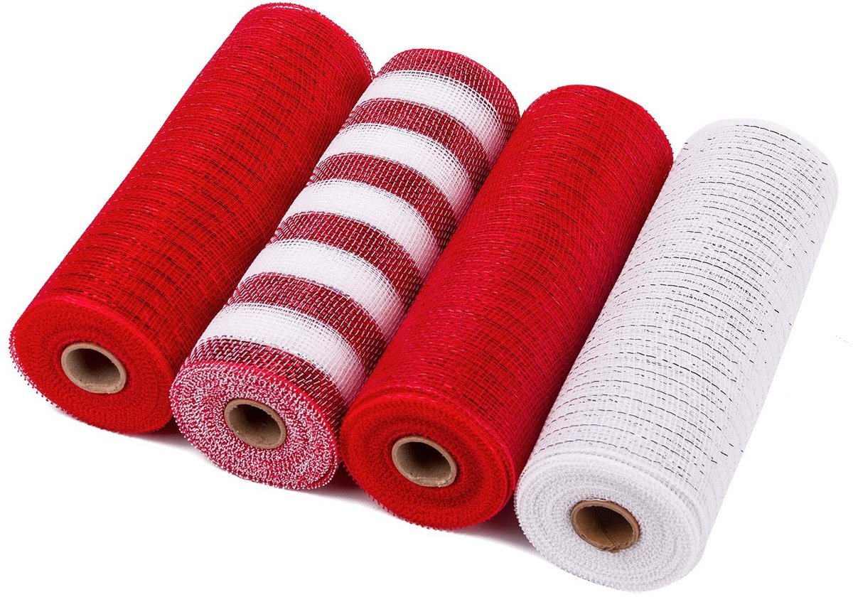 Dailygoody - Eco Poly Mesh Ribbon - Decoratie Ribbons - Flexibel en Waterdicht - Rood/Wit - Wreaths en Garlands - 4 Rollen