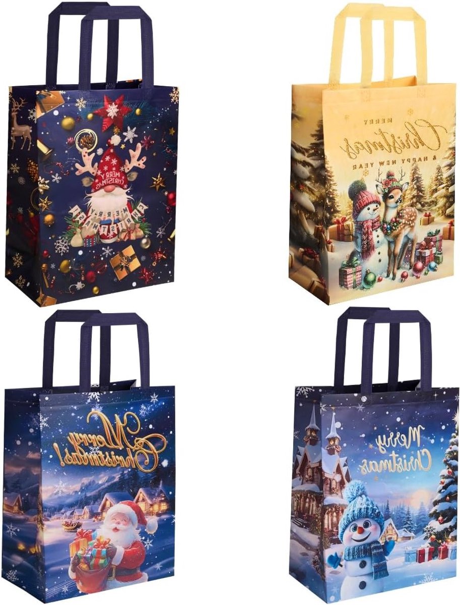 Grote herbruikbare kerst cadeauzakken van niet-geweven stof - 4 stuks, 41.5 x 29.5 x 16 cm, ideaal voor feestelijke verpakking en geschenken