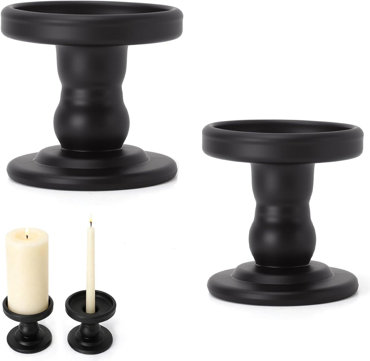 Set van 2 Kaarsenhouders voor Stompkaarsen en Steekaarsen, Zwart, Metalen en Glazen Ontwerp, Perfect voor Tafeldecoratie, Woonkamer, Bruiloften en Feestjes