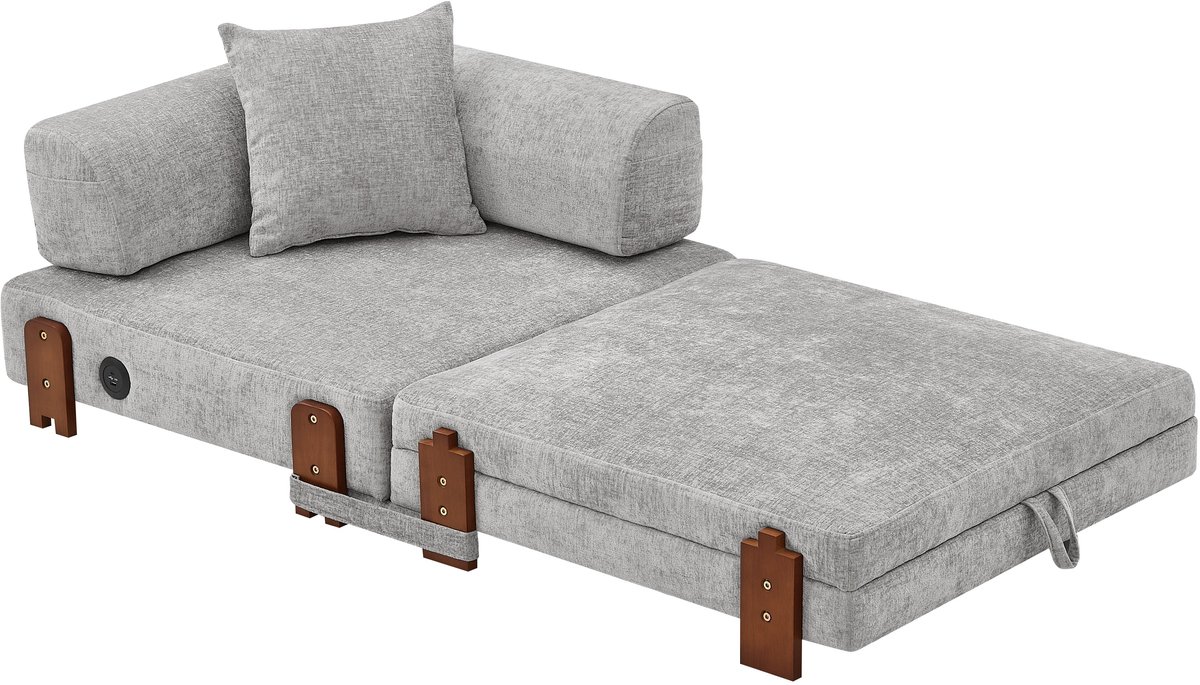 Merax 2-in-1 Opvouwbare Slaapstoel met USB & USB-C - Compacte Slaapbank met Opbergruimte en Armleuningen - Fauteuilbed voor Kleine Ruimtes en Logeerkamer - Lichtgrijs